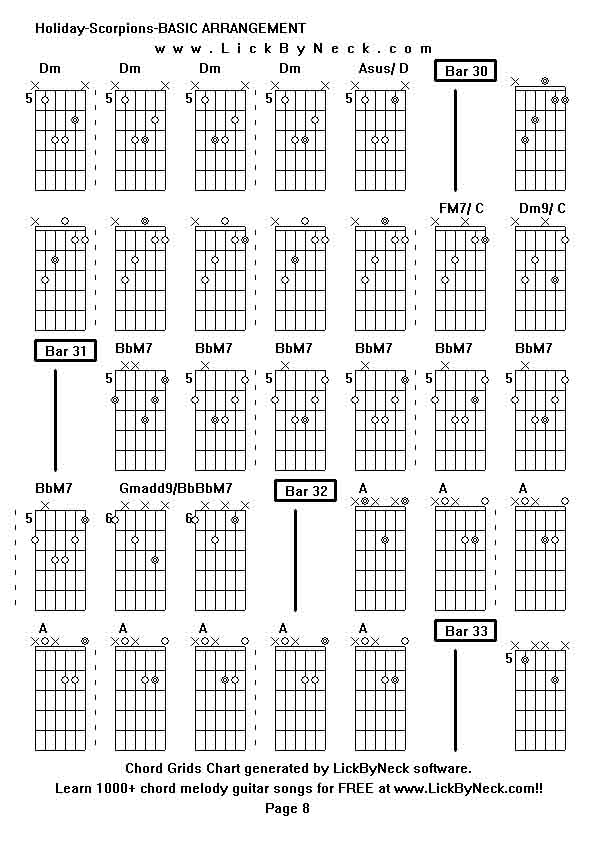 Chord Grids Chart of chord melody fingerstyle guitar song-Holiday-Scorpions-BASIC ARRANGEMENT,generated by LickByNeck software.